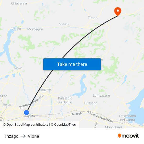 Inzago to Vione map