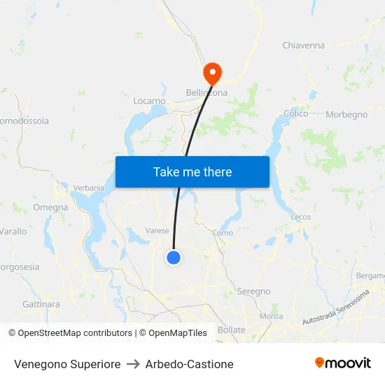 Venegono Superiore to Arbedo-Castione map