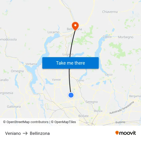 Veniano to Bellinzona map