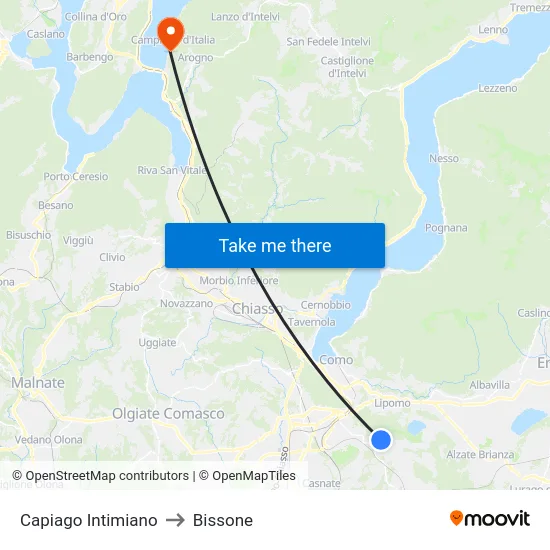 Capiago Intimiano to Bissone map