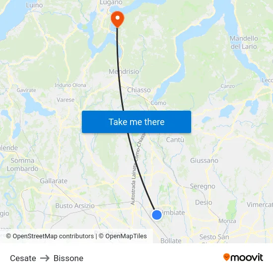 Cesate to Bissone map