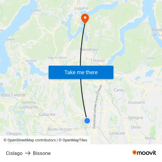 Cislago to Bissone map