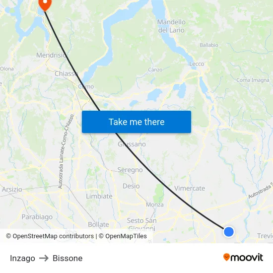 Inzago to Bissone map