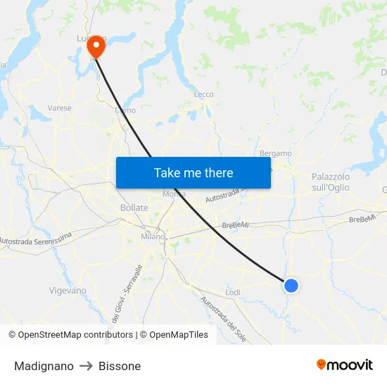 Madignano to Bissone map
