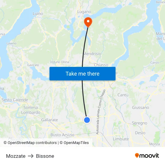 Mozzate to Bissone map