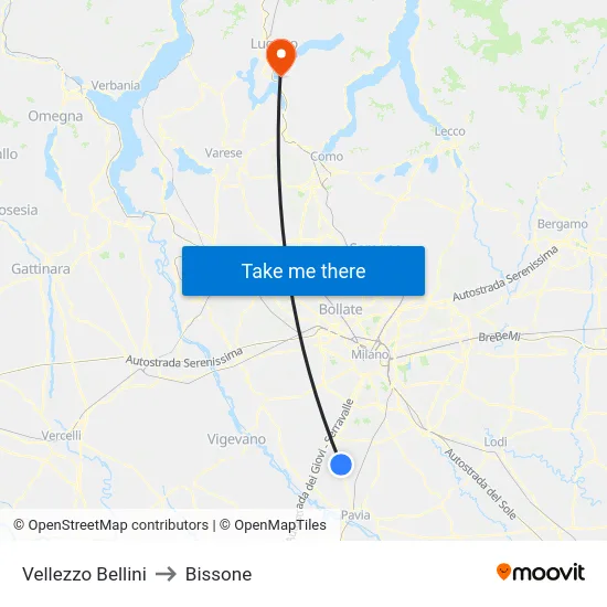 Vellezzo Bellini to Bissone map