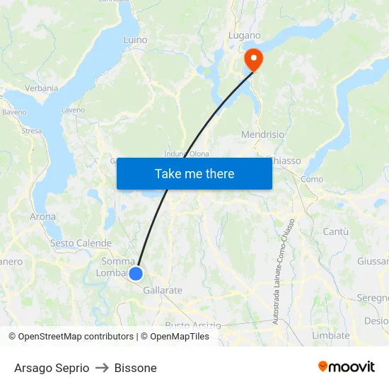 Arsago Seprio to Bissone map