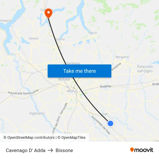 Cavenago D' Adda to Bissone map