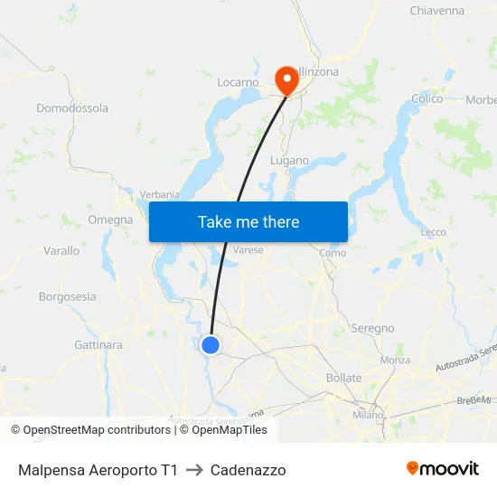 Malpensa Aeroporto T1 to Cadenazzo map
