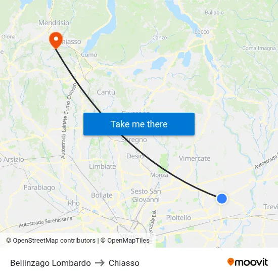 Bellinzago Lombardo to Chiasso map