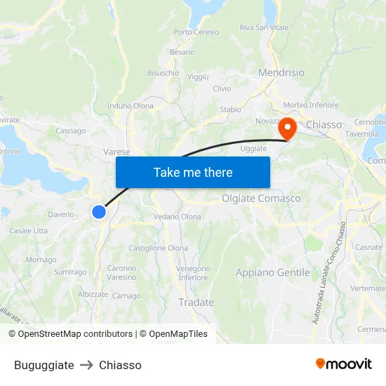 Buguggiate to Chiasso map