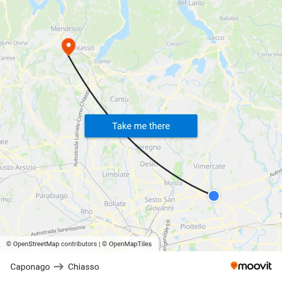 Caponago to Chiasso map