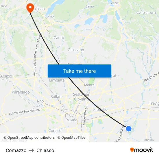 Comazzo to Chiasso map