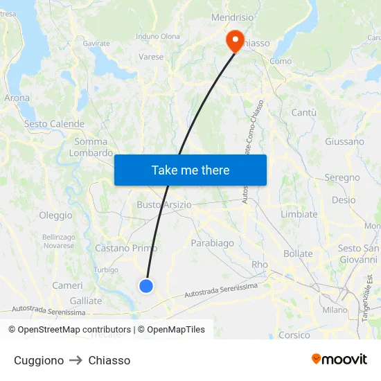 Cuggiono to Chiasso map