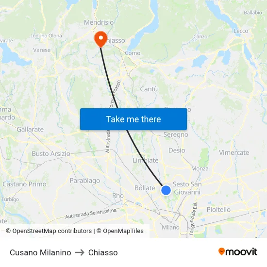 Cusano Milanino to Chiasso map