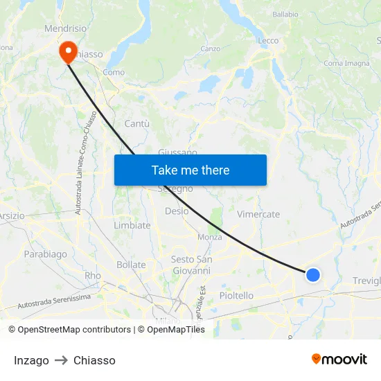 Inzago to Chiasso map