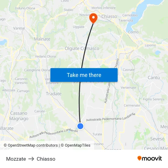 Mozzate to Chiasso map