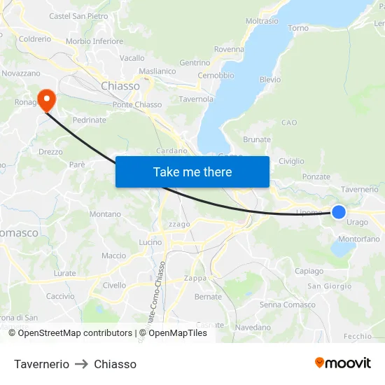 Tavernerio to Chiasso map