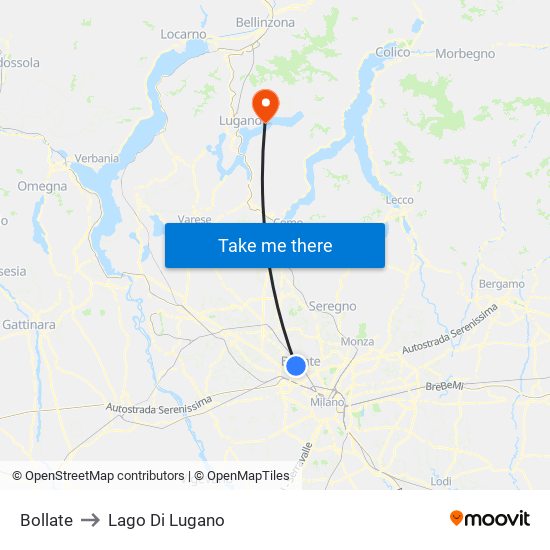 Bollate to Lago Di Lugano map