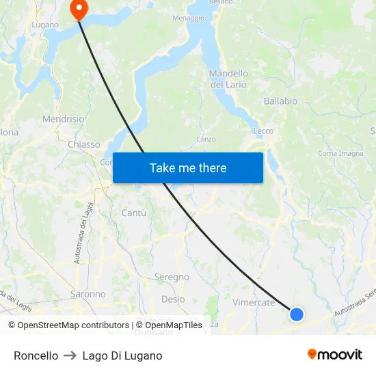 Roncello to Lake of Lugano map