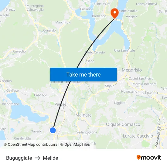 Buguggiate to Melide map
