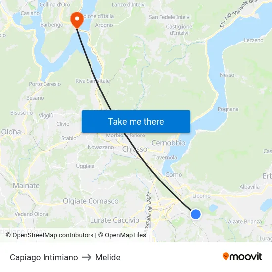 Capiago Intimiano to Melide map