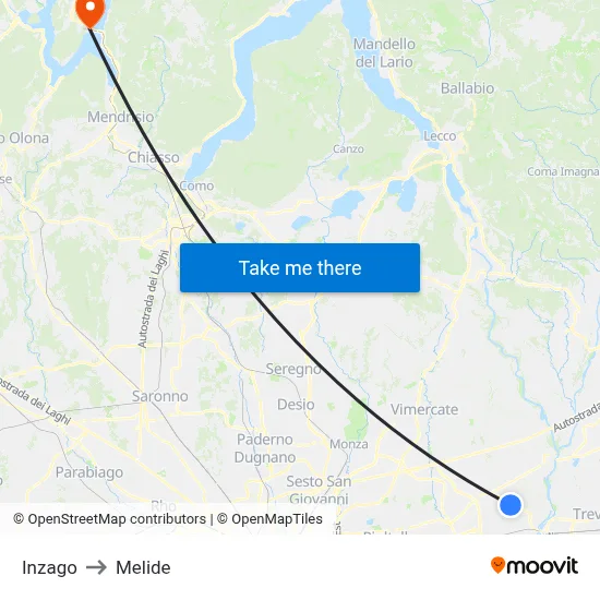 Inzago to Melide map