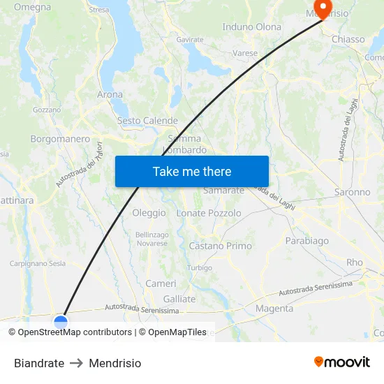 Biandrate to Mendrisio map
