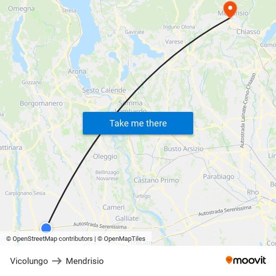 Vicolungo to Mendrisio map
