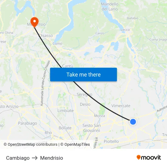 Cambiago to Mendrisio map
