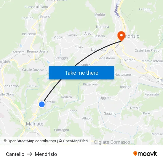 Cantello to Mendrisio map