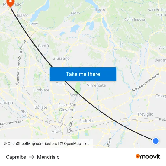 Capralba to Mendrisio map