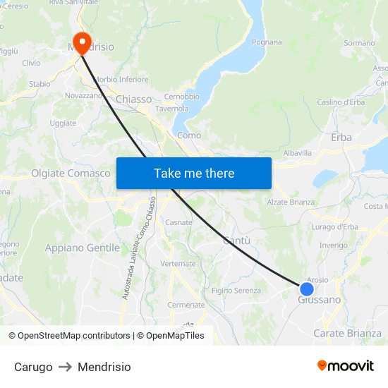 Carugo to Mendrisio map