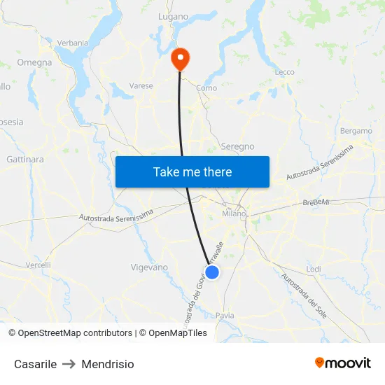 Casarile to Mendrisio map
