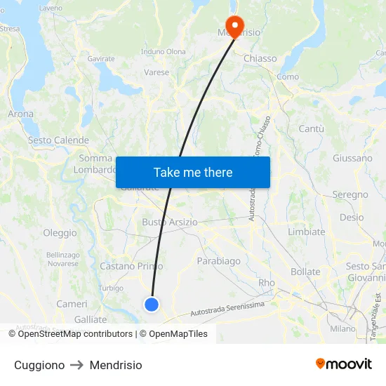 Cuggiono to Mendrisio map