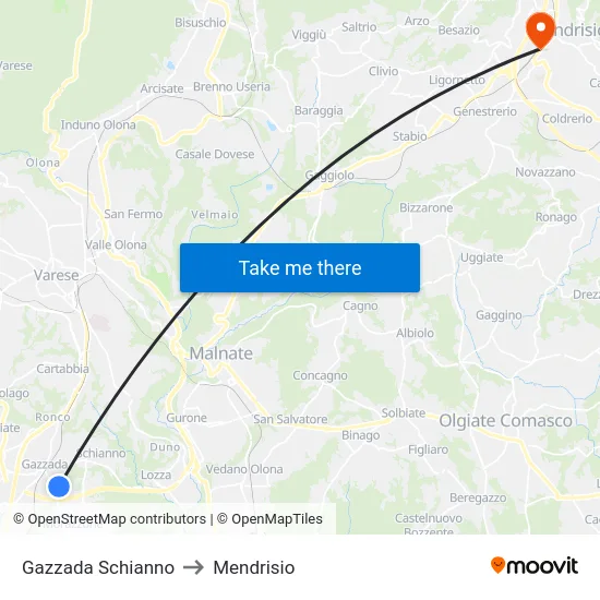 Gazzada Schianno to Mendrisio map