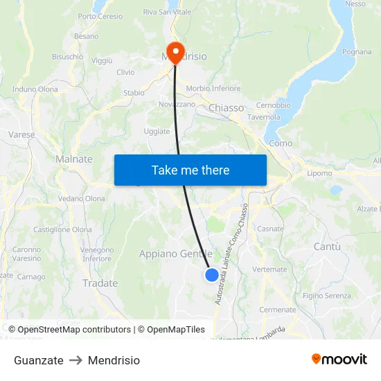 Guanzate to Mendrisio map