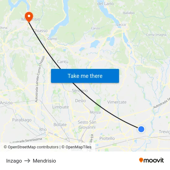 Inzago to Mendrisio map