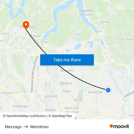 Mezzago to Mendrisio map