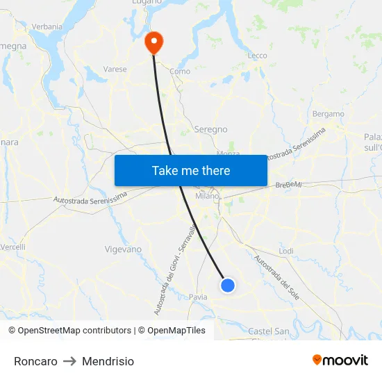 Roncaro to Mendrisio map