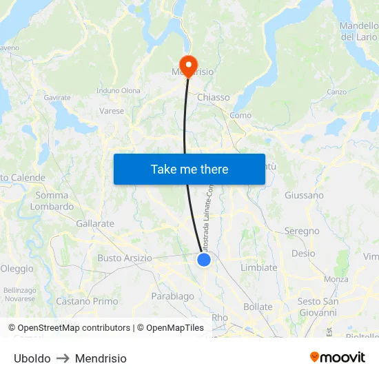 Uboldo to Mendrisio map