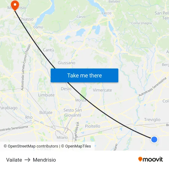 Vailate to Mendrisio map