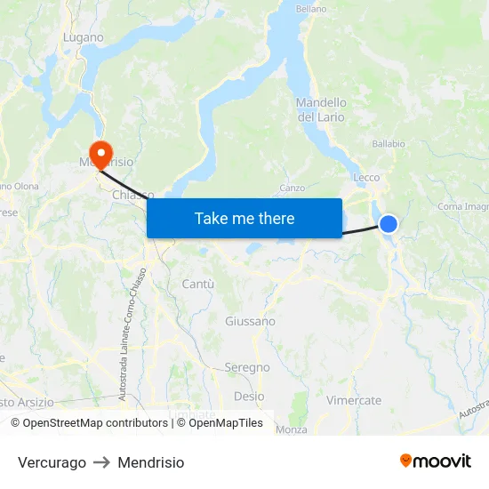 Vercurago to Mendrisio map