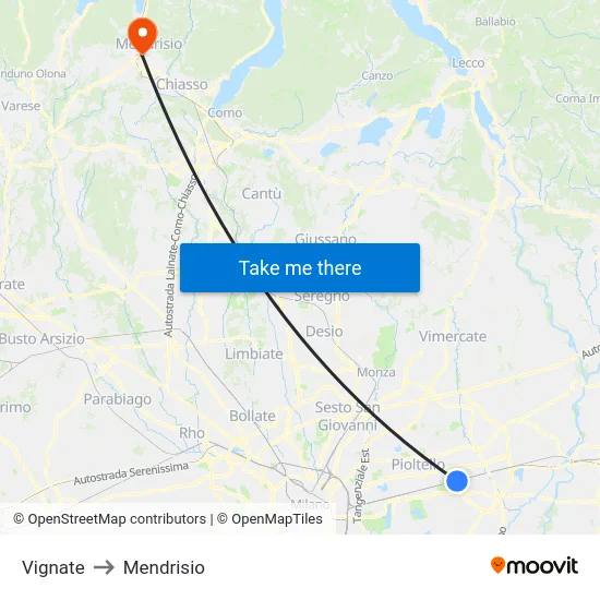 Vignate to Mendrisio map