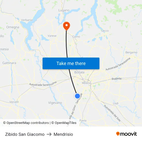Zibido San Giacomo to Mendrisio map