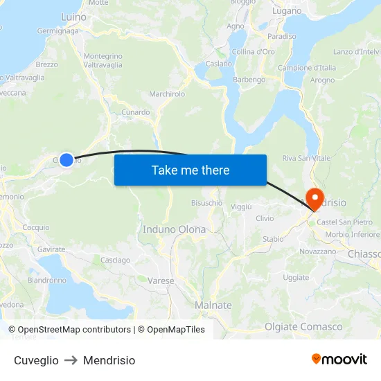 Cuveglio to Mendrisio map