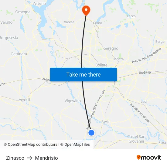 Zinasco to Mendrisio map