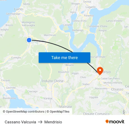 Cassano Valcuvia to Mendrisio map
