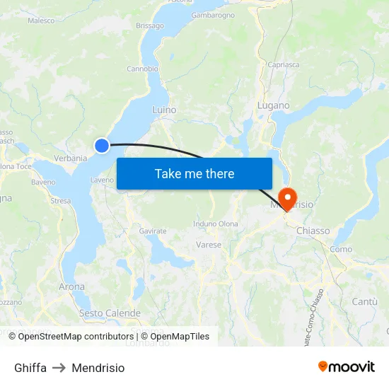 Ghiffa to Mendrisio map