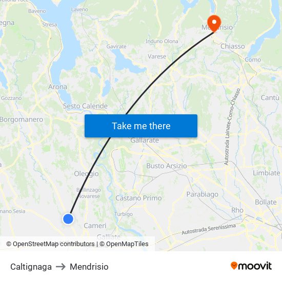 Caltignaga to Mendrisio map
